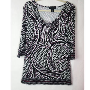 White House Black Market 3/4 Sleeve Drape Neck Printed Tunic Slinky Knit Top M